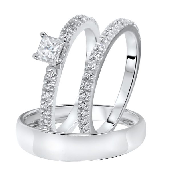 1 3 4 CT. T.W. Diamond Ladies Engagement Ring Wedding Band Men s Wedding Band Matching Set 10K White Gold BT317W10K-P033