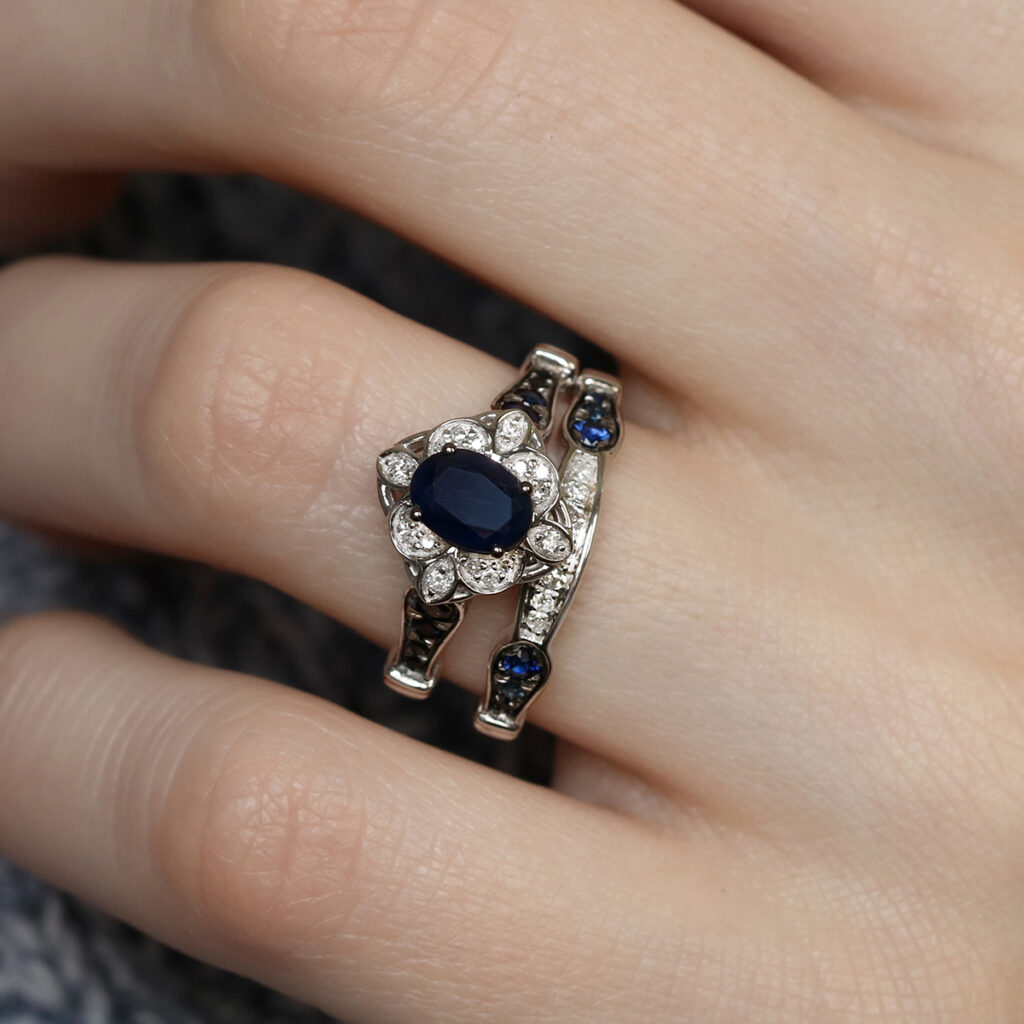 The Amina Bridal Ring Set Blue Sapphire Engagment Ring and matching ladies wedding band br221w